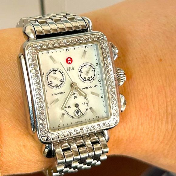 MICHELE Deco Stainless Diamond Watch With Addl Black Alligator Watch Band - Picture 2 of 14